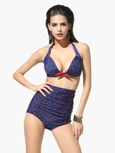 Pois bleu profond pousser vers le haut de maillot de bain taille haute