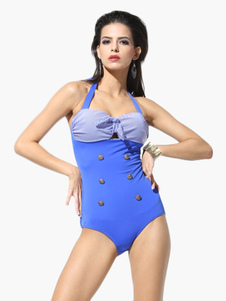Maillot de bain 1 pièce en lycra spandex bleu creusé avec rayure