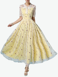 Robe longue en organza imprimé plissé revers embelli