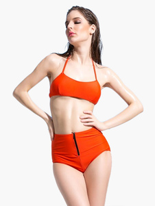 Bikini en lycra spandex orange unicolore à licou