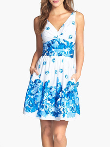 Robe moulante en acétate de cellulose bleu imprimé fleuri