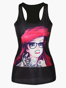 Cartoon noir à encolure dégagée fabuleux personnages réservoirs Polyester impression pour femmes