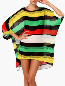 Blouse de plage multicolore avec rayures à demi-transparence