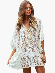 Couvrez-vous de lacet surdimensionné Spandex Lycra blanc v-Neck féminin