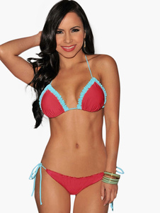 Rouge volants bicolore Lycra attrayant Bikini Spandex femmes Set