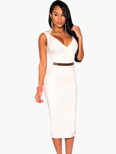 Robe bodycon en polyester col V unicolore fendu