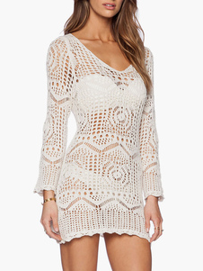 Blouse de plage écrue blanche creusé à demi-transparence