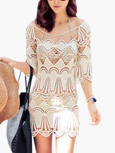 Blouse de plage écrue blanche unicolore creusée translucide