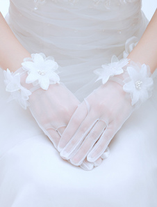 Gants en tulle blanc longueur de poignet avec fleur
