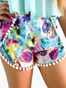 Shorts en chiffon imprimé fleuri avec pom pom à taille haute