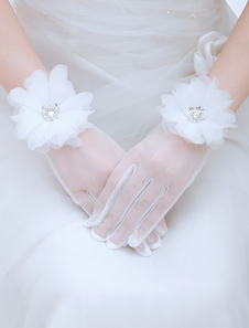Gants en tulle blanc longueur de poignet avec fleur