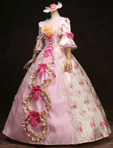 Rococo Ball robe rose Floral Ruffle arcs Vintage princesse Costume Royal de costumes rétro féminin