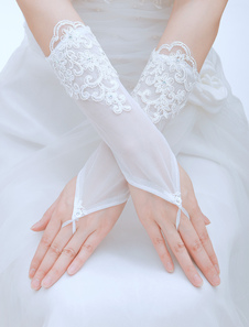 Gants mitaines en tulle blanc longueur de poignet
