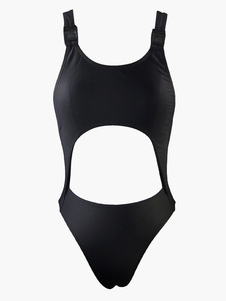 Bikini d'une pièce en lycra spandex noir unicolore avec cabillot