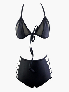 Bikini en lycra spandex noir unicolore creusé à licou