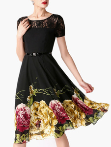 Robe longue en chiffon noir imprimé fleuri plissé
