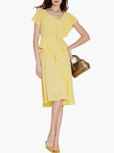 Robe longue en chiffon jaune unicolore de faux deux-pièces