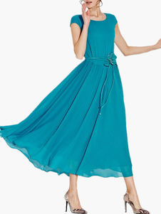 Robe maxi en chiffon bleu océan unicolore plissé