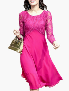 Robe skater en chiffon rose avec dentelle plissé brodé