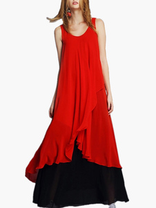 Robe maxi en chiffon rouge bicolore multicouche