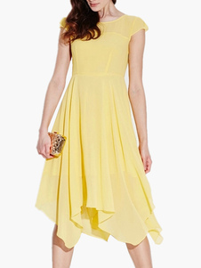 Robe skater en chiffon jaune unicolore plissé