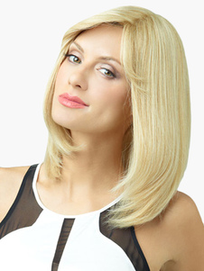 Perruque moyenne de cheveux humains or frange oblique