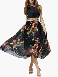 Robe longue en chiffon noir imprimé fleuri plissé