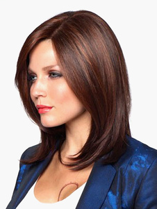 Perruque moyenne marronne ébouriffée en fibre raie de côté