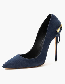 Bleu Stiletto talon en peau de mouton Suede pointu orteil talons