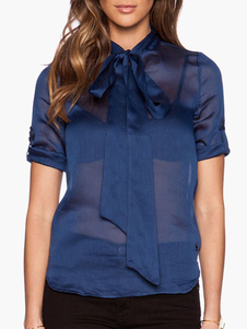 Blouse femme en polyester bleu translucide avec noeud