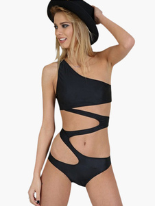 Bikini 1 pièce en lycra spandex noir creusé à une épaule