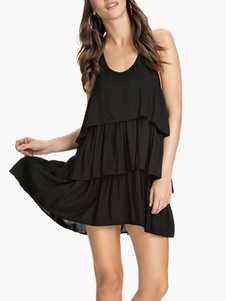 Robe skater en polyester noir unicolore multicouche