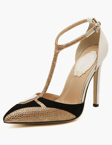 Sandales à talon aigu en PU à T-bracelet avec strass