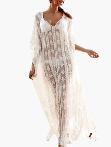 Dentelle col v écru blanc semi Sheer Lace couvrez-vous