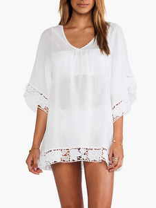 Mousseline de soie col v écru blanc semi Sheer Lace couvrez-vous