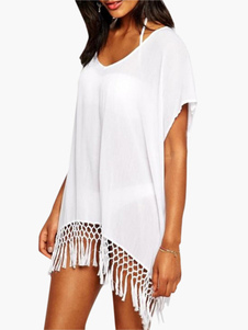 Mousseline de soie col v blanc semi Sheer tissé Fringe couvrez-vous