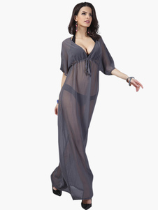 Profonde gris mousseline de soie pure lacets v-Neck Cover Up