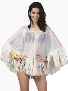 Mousseline de soie écru frange pure blanc v-Neck couvrez-vous