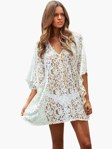 Camoufler les blanc semi Sheer découpe dentelle col en v