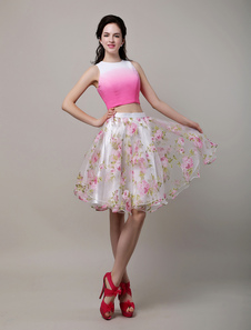 Robe cocktail A-ligne satin soie rose col rond