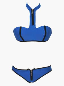 Bikini ensemble sexy bleu bicolore zip col montant femme
