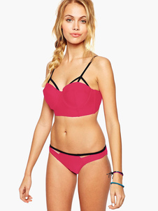 Maillot de bain sexy rose bicolore creusé bretelles