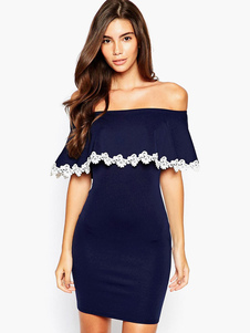 Robe bodycon bleu foncé hors l'épaule bicolore dentelle