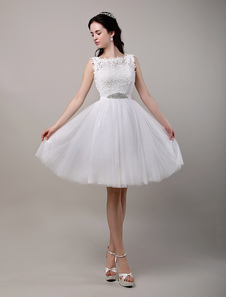 Robe de mariage exquise A-ligne tulle ivoire col rond longueur genou