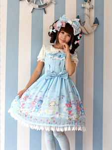 Toussaint Cospaly Costume Lolita douce Jupe bleue claire en soie imprimé ours avec dentelle