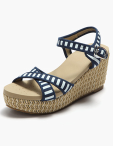 Sandales compensées bicolores ruban aux chevilles