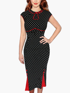 Robe bodycon noir col ras du cou à pois plissé