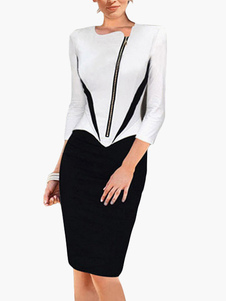 Robe bodycon col asymétrique bicolore zip épaulette