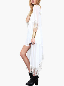 Blouse plage blanche frange ouverture avant femme