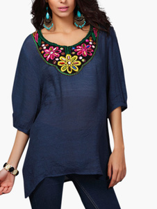 Blouse femme bleu foncé unicolore brodé coupe